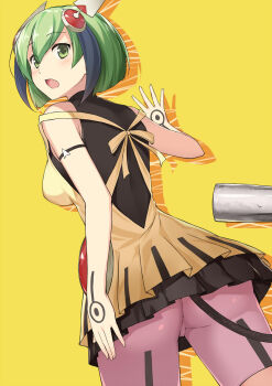 10s 1girl android ass bad_id bad_pixiv_id bare_arms bare_shoulders bike_shorts blush brown_dress cable cable_tail cccpo dimension_w dress female_focus green_eyes green_hair grey_hair headgear highres layered_dress looking_at_viewer looking_back matching_hair/eyes mechanical_tail multicolored_hair open_mouth pink_shorts plug short_dress short_hair shorts sleeveless sleeveless_dress solo streaked_hair tail thighhighs yurizaki_mira