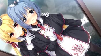 Rule 34 | 1boy, 1girl, arihara nanami, arihara nanami (cosplay), artist name, black capelet, black dress, black hat, black pantyhose, blonde hair, blue hair, blush, capelet, closed mouth, commentary request, commission, cosplay, cowboy shot, dress, dutch angle, eyelashes, eyes visible through hair, frilled dress, frills, full-length mirror, garrison cap, gloves, grey eyes, hand up, hands on another's shoulders, hat, irori (irorixc), long hair, long sleeves, looking at mirror, looking at viewer, medium hair, mirror, necktie, nose blush, paid reward available, pantyhose, red eyes, red necktie, riddle joker, short dress, shy, skeb commission, smile, suou kyouhei, tareme, trap, white gloves