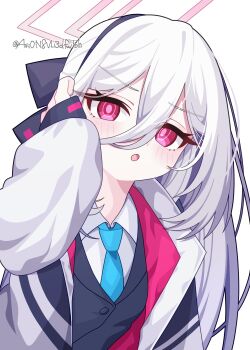1girl 4rion absurdres arm_up blazer blue_archive blue_necktie collared_shirt commentary furrowed_brow highres jacket kei_(blue_archive) long_hair necktie open_mouth pink_hair red_eyes shirt simple_background solo twitter_username upper_body white_background white_hair