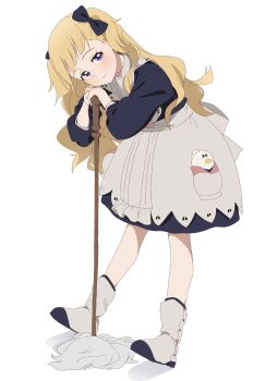 Rule 34 | 1girl, 4uys, ankle boots, apron, black bow, blonde hair, blue eyes, blunt bangs, boots, bow, closed mouth, commentary, emilico (shadows house), full body, hair bow, head tilt, highres, holding, holding mop, leaning forward, light blush, long hair, long sleeves, looking at viewer, maid, mop, shadows house, simple background, smile, solo, standing, stuffed animal, stuffed toy, two side up, wavy hair, white apron, white background, white boots