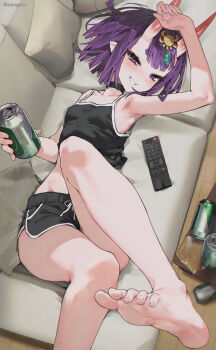 1girl absurdres bare_shoulders barefoot beer_can black_camisole black_shorts blush breasts camisole can choker controller couch dolphin_shorts drink_can eyeliner fate/grand_order fate_(series) feet grin headpiece highres horns looking_at_viewer lying makeup mokana_moka on_back oni pointy_ears purple_eyes purple_hair remote_control short_hair short_shorts shorts shuten_douji_(fate) skin-covered_horns small_breasts smile solo