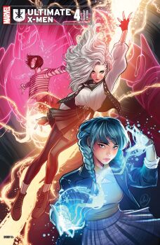 Rule 34 | 3girls, absurdres, ashida noriko, aura, black hair, black jacket, black leggings, black pants, black shoes, black skirt, black vest, blue hair, braid, comic cover, company name, copyright logo, copyright name, cover, cover page, earrings, electricity, electrokinesis, english text, fingerless gloves, floating hair, gloves, highres, ichiki hisako, ichiki hisako (ultimate x-men 2024), jacket, jewelry, leggings, lightning bolt earrings, lightning bolt symbol, logo, looking at viewer, low twin braids, lukas werneck, marvel, maystorm (marvel), midriff, multiple girls, navel, official art, pants, plaid clothes, plaid skirt, pleated skirt, purple skirt, sailor collar, sailor shirt, shirt, shoes, short hair, skirt, smirk, striped clothes, striped shirt, stud earrings, surge (x-men), twin braids, ultimate x-men (2024), vest, wallet chain, western comics (style), white hair, x-men, yellow shirt