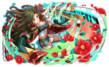 1girl anime_coloring aqua_armband armband artist_request belt big_hair black_footwear black_garter_straps breasts brown_thighhighs button_gap buttoned_cuffs buttons center_frills cleavage closed_mouth coat coat_on_shoulders collar collared_coat crash_fever cropped_jacket dutch_angle eyelashes fingernails floral_print floral_print_coat flower foreshortening frilled_skirt frilled_sleeves frills frown full_body game_cg garter_straps green_coat green_hair green_jacket green_skirt green_sleeves grey_eyes hijikata_toshizo_(crash_fever) hijikata_toshizou holding holding_sword holding_weapon jacket katana leaf leg_up legs_apart lips long_hair mature_female medium_breasts miniskirt mole mole_under_eye number_print numbered official_art open_clothes open_jacket outline oversized_clothes pencil_skirt pommel_tassel print_armband print_skirt red_collar red_flower red_lips red_outline red_petals see-through_clothes see-through_thighhighs shirt single_horizontal_stripe skirt slashing sleeve_cuffs solo square square_print standing standing_on_one_leg strappy_heels striped_clothes sword sword_tassel tachi-e tassel thighhighs third-party_source three-quarter_sleeves torn_clothes torn_skirt transparent_background v-shaped_eyebrows very_long_hair wavy_hair weapon white_collar white_shirt wing_collar yellow_belt yellow_trim