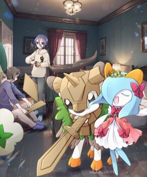 alternate_color artist_name blue_hair blue_skin bow cardboard closed_eyes colored_skin cottonee dress dress_bow gen_2_pokemon gen_3_pokemon gen_5_pokemon gen_6_pokemon hair_over_one_eye highres horns indoors kirlia kokuren multicolored_skin nintendo no_feet pink_bow pokemon pokemon_(creature) quilava shiny_pokemon sidelocks skiddo tiara toy_sword two-tone_skin white_skin window
