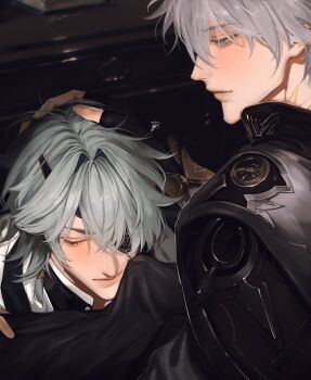 2boys absurdres anaxa_(honkai:_star_rail) aqua_hair armor bishounen black_gloves black_pants black_shirt blue_eyes blush bulge bush closed_eyes closed_mouth coat eyelashes eyepatch fingerless_gloves gloves hair_between_eyes hand_on_another&#039;s_head highres honkai:_star_rail honkai_(series) implied_fellatio long_sleeves looking_at_another low_ponytail male_focus multiple_boys neck_tattoo one_eye_covered pants pauldrons phainon_(honkai:_star_rail) ponytail shirt short_hair shoulder_armor spread_legs table tattoo twitter_username under_table upper_body vyqi yaoi