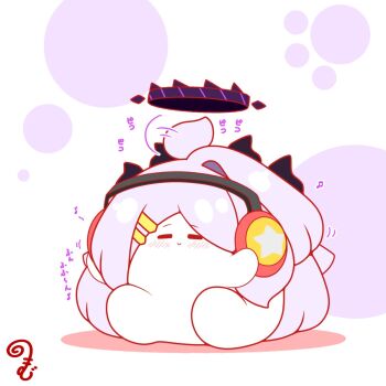 Rule 34 | afterimage, ahoge, ahoge wag, blue archive, blush, closed eyes, closed mouth, colored shadow, commentary request, expressive hair, facing viewer, grey hair, hair bun, hair ornament, hairclip, halo, headphones, highres, hina (blue archive), horns, kurukurumagical, parted bangs, shadow, single hair bun, sitting, solo, star (symbol), translation request, white background