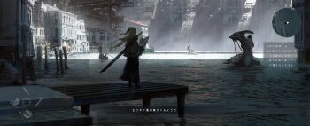 1girl absurdres animal artist_name asteroid_ill black_bow boat bow building cloak commentary_request cornea_(asteroid_ill) dock fantasy from_behind hair_bow heads-up_display highres holding holding_map hood hood_up long_hair long_skirt map minimap original outdoors reins scenery side_ponytail skirt standing sunlight sword sword_on_back translation_request user_interface video_game_dialogue_box water watercraft weapon weapon_on_back white_hair wide_shot