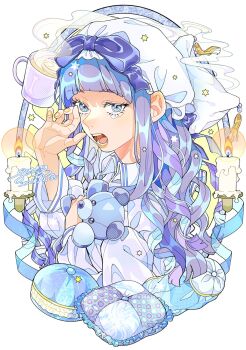 1girl blue_eyes blunt_bangs bonnet bow candle candlestand cup eyelashes fingernails fire highres lips long_hair looking_at_viewer nail_polish open_mouth orange_nails original pillow ponko517 purple_bow purple_hair solo star_(symbol) steam stuffed_animal stuffed_toy teddy_bear teeth tongue white_background yawning