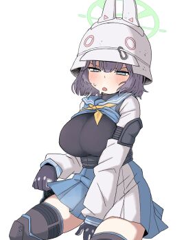 animal_ears blue_archive breasts clothes_lift commentary_request gloves green_eyes green_halo halo helmet highres kms2605 korean_commentary large_breasts looking_at_viewer open_clothes open_mouth rabbit_ears saki_(blue_archive) school_uniform short_hair simple_background sitting skirt skirt_lift sweat white_background