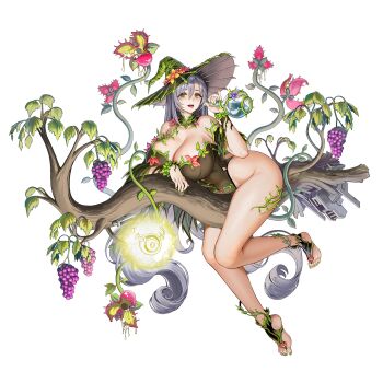 1girl :p @_@ absurdly_long_hair ass black_leotard bodypaint branch breasts broom broom_riding carnivorous_plant circe_(last_origin) cleavage collar collarbone covered_navel detached_collar drone feet flower flower_bikini food fruit full_body game_cg glowing grapes green_collar green_eyes green_footwear green_nails grey_hair groin hair_between_eyes hat highleg highleg_leotard highres huge_breasts last_origin leaf leotard long_hair looking_at_viewer machinery nail_polish official_alternate_costume official_art open_mouth plant potion purple_flower red_flower solo straddling tachi-e taesi thighs toeless_footwear tongue tongue_out transparent_background very_long_hair vines witch witch_hat wristband