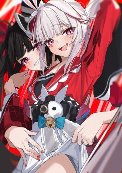 2girls absurdres arm_up black_hair butterfly-shaped_pupils circle_facial_mark clothes_lift colored_eyebrows diamond_(shape) diamond_facial_mark diamond_on_cheek dress dual_persona facial_mark fox_mask hat hat_ornament heart heart_facial_mark heart_on_cheek highres honkai:_star_rail honkai_(series) kazu_(kauk3753) lifting_another's_clothes looking_at_viewer mark_under_both_eyes mask multiple_girls rabbit_hat_ornament red_dress red_nails red_streaks skirt skirt_lift smile sparkle_(honkai:_star_rail) sparxie_(honkai:_star_rail) symbol-shaped_pupils top_hat white_hair