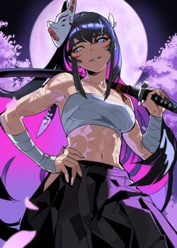 1girl absurdres bad_id bad_twitter_id black_hair black_skirt body_markings breasts chest_sarashi choppy_bangs colored_inner_hair cowboy_shot eg58561415 fox_mask from_below full_moon grin hand_on_own_hip hand_up highres holding holding_sword holding_weapon katana long_hair looking_at_viewer looking_down mask mask_on_head mole mole_under_eye moon multicolored_eyes multicolored_hair navel night original outdoors purple_hair sarashi scar scar_on_arm scar_on_stomach skirt sky slit_pupils smile solo standing stomach sword very_long_hair weapon