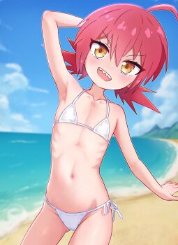 1girl :d ahoge arm_at_side arm_behind_head arm_up armpits beach bikini blue_sky blurry blurry_background blush cloud collarbone cowboy_shot day flat_chest game_center_shoujo_to_ibunka_kouryuu hair_between_eyes highres kaga_karin loli looking_at_viewer micro_bikini navel ocean open_mouth outdoors pepzi pink_hair red_hair ribs sharp_teeth short_hair side-tie_bikini_bottom skinny sky smile solo spiked_hair swimsuit teeth twintails upper_teeth_only white_bikini yellow_eyes