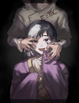 2boys absurdres asagiri_gen bandaged_arm bandages black_background black_eyes black_hair dr._stone e=mc2_(equation) highres ishigami_senkuu jacket long_sleeves looking_at_viewer male_focus multicolored_hair multiple_boys open_mouth shirt short_hair sleeves_past_wrists smile split-color_hair ta_5_5 two-tone_hair white_hair white_shirt