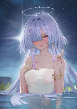 1girl absurdres breasts collarbone colored_eyelashes commentary earrings fingernails grey_hair hair_intakes hair_ornament hair_over_one_eye halo hand_on_own_chest hand_up highres jewelry long_fingernails long_hair medium_breasts mornye_(wuthering_waves) nail_polish naked_towel open_mouth partially_submerged red_eyes smile solo towel triangle_earrings wasami wuthering_waves