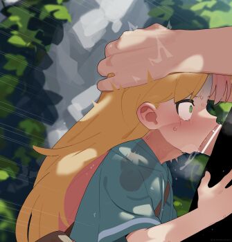 1boy 1girl absurdres aqua_jacket bar_censor blonde_hair blush censored colored_inner_hair commentary_request deepthroat fellatio green_eyes hands_on_another&#039;s_head hetero highres irrumatio jacket long_hair mizumizuni multicolored_hair oral outdoors penis pink_hair ruri_no_houseki short_sleeves solo_focus sweat tanigawa_ruri tears two-tone_hair x-ray