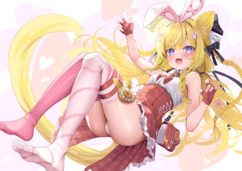 1girl animal_ear_fluff animal_ear_hairband animal_ears bird black_bow blonde_hair blush book bow bowtie breasts character_request cherry_blossoms collared_shirt commentary corset crow fake_animal_ears fang feet fingerless_gloves floating_hair flower frilled_skirt frills gloves hair_bow hair_flower hair_ornament hairband heart highres legs long_braid long_hair looking_at_viewer miniskirt no_shoes nyahu_(nyahu_77) open_mouth original panties pink_hairband pink_thighhighs plaid_clothes plaid_skirt pocket_watch purple_eyes rabbit_ear_hairband rabbit_ears rabbit_hair_ornament red_bow red_bowtie red_corset red_gloves red_skirt shirt skin_fang skirt sleeveless sleeveless_shirt small_breasts smile soles solo stuffed_animal stuffed_rabbit stuffed_toy thighhighs thighs toes underwear very_long_hair watch white_panties white_shirt