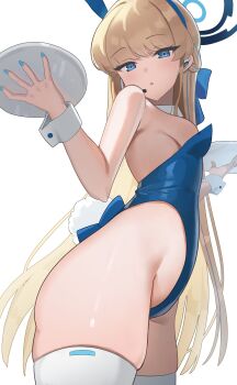 1girl absurdres animal_ears back_bow bare_shoulders blonde_hair blue_archive blue_bow blue_eyes blue_hair blue_halo blue_leotard blue_nails bow braid breasts commentary_request cowboy_shot detached_collar eyelashes fake_animal_ears fake_tail foreshortening from_below from_side groin hair_bow half_up_braid halo hands_up headset highres holding holding_tray leotard light_blush long_hair looking_at_viewer looking_down madai_(mappy) medium_breasts multicolored_hair nail_polish open_mouth playboy_bunny rabbit_ears rabbit_tail simple_background skindentation solo straight_hair strapless strapless_leotard streaked_hair tail thighhighs thighs toki_(blue_archive) toki_(bunny)_(blue_archive) tray tsurime very_long_hair white_background white_thighhighs white_wrist_cuffs wrist_cuffs