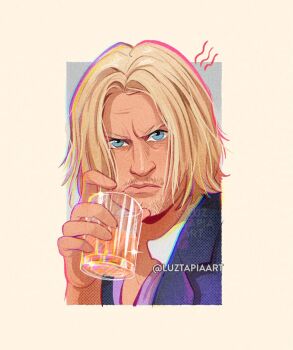 Rule 34 | 1boy, alcohol, artist name, blonde hair, blue eyes, cup, haymitch abernathy, highres, holding, holding cup, looking at viewer, luztapiaart, medium hair, solo, the hunger games, whiskey
