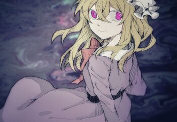 1girl black_sash bow bowtie closed_mouth collared_dress commentary contrast_collar dated_commentary dress hair_between_eyes hat highres long_hair maribel_hearn mob_cap oriharareimu purple_dress purple_eyes red_bow red_bowtie sash solo touhou white_hat