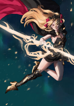 Rule 34 | 1girl, absurdres, asymmetrical sleeves, black cloak, blonde hair, bow, cape, cloak, commentary request, dress, earrings, energy weapon, ereshkigal (fate), ereshkigal (second ascension) (fate), fate/grand order, fate (series), fur-trimmed cloak, fur trim, hair bow, highres, infinity symbol, jewelry, long hair, looking at viewer, rabbit-bacteria, red eyes, single sleeve, skull, skull ornament, smile, solo, spine, thighhighs, tiara, two-sided cloak, two-sided fabric, two side up, underworld, very long hair