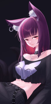 1girl absurdres animal_ear_fluff animal_ears bare_shoulders belt black_background black_belt black_choker black_collar black_pants black_shirt black_skirt blunt_bangs breasts cat_ears choker closed_mouth collar colored_inner_hair commentary crop_top crop_top_overhang cropped_shirt ear_piercing earrings fox_ears highres iinfp_(artist) jewelry jururu large_breasts leaning_back long_hair long_sleeves looking_at_viewer medium_breasts midriff multicolored_hair multiple_tails navel necklace off-shoulder_shirt off_shoulder pants piercing purple_hair reclining red_eyes red_hair shirt simple_background skirt smile solo streaked_hair tail two-tone_hair virtual_youtuber waktaverse