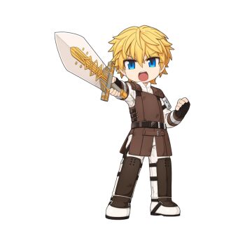 1boy :o black_gloves blonde_hair blue_eyes brown_vest chibi chibi_only fingerless_gloves full_body gloves holding holding_sword holding_weapon long_sleeves looking_at_viewer male_focus official_art open_mouth pants ragnarok_online shin_guards shirt short_hair simple_background solo sword transparent_background tris_(ragnarok_online) v-shaped_eyebrows vest weapon white_pants white_shirt yuichirou
