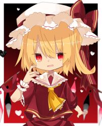 Rule 34 | 1girl, absurdres, alternate costume, ascot, blonde hair, border, fang, flandre scarlet, gradient background, hair between eyes, hat, highres, looking at viewer, medium hair, mob cap, one side up, open mouth, red background, red eyes, red ribbon, red shirt, ribbon, sailor collar, shirt, simple background, skin fang, soru (remonntteumai), touhou, white border, white hat, white sailor collar, wings, wrist cuffs, yellow ascot