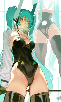 1girl adapted_costume aqua_eyes aqua_hair arms_behind_back ass black_gloves black_leotard black_thighhighs breasts covered_mouth cowboy_shot dethmaid fake_tail gloves gluteal_fold goodsmile_company goodsmile_racing hair_between_eyes hair_ornament hatsune_miku high_collar highleg highleg_leotard highres hip_bones holding large_breasts leotard long_hair long_sleeves multiple_views playboy_bunny puffy_long_sleeves puffy_sleeves rabbit_tail racing_miku racing_miku_(2022) shiny_clothes shrug_(clothing) standing strapless strapless_leotard tail thighhighs twintails very_long_hair vocaloid