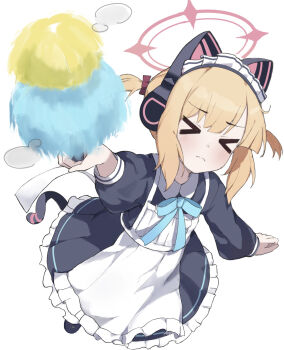&gt;_&lt; 1girl animal_ear_headphones animal_ears anniu_(user_vemd7787) apron arm_up black_dress blue_archive blunt_bangs bow cat_ear_headphones cat_ears cat_tail cleaning closed_mouth commentary dress duster facing_viewer fake_animal_ears fake_tail frilled_apron frilled_dress frills from_above frown full_body hair_bow halo headphones highres holding holding_duster long_sleeves maid maid_headdress medium_hair momoi_(blue_archive) momoi_(maid)_(blue_archive) official_alternate_costume official_alternate_hairstyle pink_halo puffy_long_sleeves puffy_sleeves red_bow short_twintails simple_background solo split_mouth standing tail twintails v-shaped_eyebrows white_apron white_background