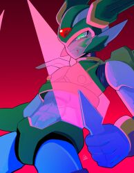 Rule 34 | 1boy, abs, absurdres, android, armor, blood, blood from mouth, clenched teeth, cowboy shot, dual wielding, energy sword, facial mark, forehead jewel, gradient background, green armor, green helmet, helmet, highres, holding, holding sword, holding weapon, lessgalaxy, male focus, mechanical wings, mega man (series), mega man zero (series), red background, sage harpuia (mega man), solo, sword, teeth, weapon, wings