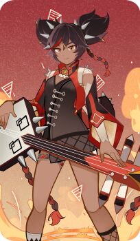1girl absurdres black_hair braid breasts chinese_commentary closed_mouth commentary_request dark-skinned_female dark_skin genius_invokation_tcg_(style) genshin_impact guitar highres holding holding_instrument instrument linjiedezhu long_hair looking_at_viewer multicolored_hair music playing_instrument red_hair smile solo spikes streaked_hair twintails xinyan_(genshin_impact) yellow_eyes