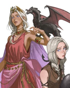 1girl a_song_of_ice_and_fire absurdres armlet artist_name bare_shoulders bracelet braid circlet colored_eyelashes commentary daenerys_targaryen dragon dragon_on_shoulder drogon egg etceteraart frown grey_hair highres holding holding_egg jewelry long_hair looking_at_viewer multiple_bracelets multiple_rings multiple_views necklace parted_lips purple_eyes ring simple_background small_dragon tan twin_braids western_dragon white_background