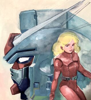 Rule 34 | 1girl, blonde hair, character request, closed mouth, gundam, gundam 0083, highres, long hair, looking at viewer, mecha, mecha pilot suit, nina purpleton, robot, sano hirotoshi, simple background, white background