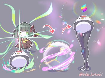 1girl 3: absurdres anatomical_nonsense arrow_(symbol) bird black_hair blunt_bangs blunt_ends bob_cut brown_dress chibi chibi_only closed_mouth commentary_request crossed_legs dress green_eyes grey_background hasu_no_sora_school_uniform highres kirisaki_nuko link!_like!_love_live! long_sleeves love_live! medium_dress mega_evolution mega_evolution_symbol momose_ginko neckerchief nintendo pleated_dress pokemon sailor_collar sailor_dress school_uniform sequential short_hair standing transformation tsuru_(love_live!) v-shaped_eyebrows virtual_youtuber watson_cross white_sailor_collar winter_uniform yellow_neckerchief