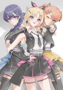 3girls :d ;) absurdres black_necktie black_skirt blue_eyes blue_hair braid closed_mouth commentary_request cowboy_shot double_bun elbow_on_another&#039;s_shoulder green_eyes grey_background hair_bun hair_ornament hair_over_shoulder hairclip hand_on_own_hip hasu_no_sanrenka highres hinoshita_kaho i_do_me!_(love_live!) jacket kobassy link!_like!_love_live! long_hair looking_at_viewer love_live! low_twintails medium_hair miniskirt multiple_girls murano_sayaka necktie official_alternate_costume one_eye_closed open_clothes open_jacket open_mouth osawa_rurino pleated_skirt pointing pointing_at_viewer shadow shirt single_braid skirt sleeveless sleeveless_jacket sleeveless_shirt smile thigh_strap twintails virtual_youtuber white_shirt x_hair_ornament