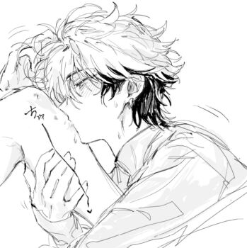 Rule 34 | 2boys, antenna hair, blush, earrings, greyscale, hand on another's head, hand on another's leg, hickey, holding another's leg, implied yaoi, jewelry, kiss, kissing leg, leg grab, long sleeves, male focus, messy hair, monochrome, multicolored hair, multiple boys, out of frame, profile, shiguang dailiren, shirt, short hair, simple background, sketch, solo focus, sweat, turtleneck, two-tone hair, tyoookozuki, upper body, white background, xia fei, yaoi, zipper pull tab