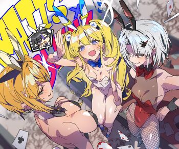 Rule 34 | 4girls, :d, absurdres, animal ears, black bow, black bowtie, black hair, black leotard, blonde hair, blue bow, blue bowtie, blue eyes, blush, bodystocking, bow, bowtie, breasts, carrot hair ornament, cleavage, detached collar, drake (nikke), fake animal ears, fishnet pantyhose, fishnets, food-themed hair ornament, goddess of victory: nikke, grin, hair ornament, highres, laplace (nikke), large breasts, leotard, long hair, maxwell (nikke), medium breasts, mimlmi, multiple girls, open mouth, orange hair, pantyhose, playboy bunny, rabbit ears, red bow, red bowtie, red eyes, red leotard, short hair, small breasts, smile, syuen (nikke), twintails, white hair, white leotard