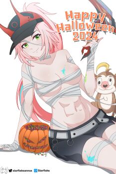 1girl 2024 absurdres areola_slip bandaged_arm bandaged_chest bandaged_head bandaged_leg bandaged_neck bandages baseball_cap black_shorts breasts candy commentary english_commentary food green_eyes halloween halloween_bucket happy_halloween hat highres holding holding_weapon honkai:_star_rail honkai_(series) horned_hat large_breasts long_hair looking_at_viewer monkey navel nipple_slip nipples paint_on_body pink_hair ponytail rappa_(honkai:_star_rail) short_shorts shorts simple_background solo starflake_(starclusteriu) stomach toned toned_female weapon white_background