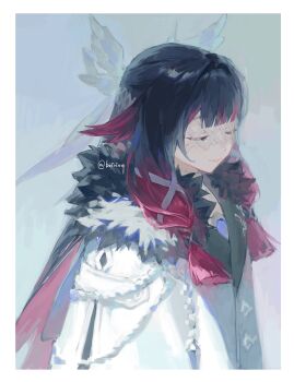 1girl black_hair boioioq border closed_eyes closed_mouth coat columbina_(genshin_impact) commentary_request eye_mask fatui_coat fur-trimmed_coat fur_trim genshin_impact hair_ribbon highres long_hair mask multicolored_hair red_hair ribbon simple_background solo twitter_username upper_body very_long_hair white_border white_coat white_ribbon