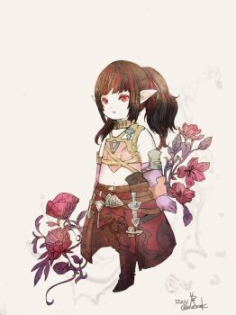 1girl black_hair commentary copyright_name cosplay elbow_gloves final_fantasy final_fantasy_xiv flat_chest flower gloves lalafell long_hair minfilia_warde minfilia_warde_(cosplay) multicolored_hair navel overskirt pointy_ears purple_gloves red_eyes red_flower red_hair red_streaks ruka_(blueplus84) solo streaked_hair twintails twitter_username two-tone_hair yoshi'p_sampo