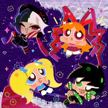 Rule 34 | alternate costume, beret, black hair, black skirt, blonde hair, blossom cookie, blue eyes, blue shirt, bow, bracelet, bubbles cookie, buttercup cookie, colored eyebrows, commentary request, cookie run, currant cream cookie, eyeshadow, fishnet leggings, green eyes, hair bow, hat, highres, jewelry, long hair, makeup, multicolored hair, multiple girls, multiple hair bows, one eye closed, open mouth, orange hair, pink eyes, pink shirt, pink skirt, plaid clothes, plaid skirt, powerpuff girls, purple eyeshadow, red eyes, shirt, skirt, socks, spiked belt, spiked bracelet, spikes, split-color hair, thai commentary, twintails, white hair, white socks, yummybunny777