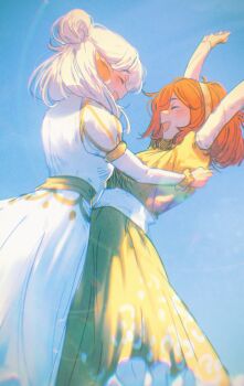 2girls :d \o/ absurdres arms_up asimov_(spindle_(aidenr0)) belt blue_background bob_cut breasts closed_eyes dancing dress elf face-to-face facing_another feet_out_of_frame green_dress hair_up hairband highres juliet_sleeves long_sleeves loose_hair_strand medium_breasts medium_hair multiple_girls open_mouth original ottilie_(spindle_(aidenr0)) outstretched_arms pointy_ears puffy_sleeves revision sash short_hair smile spindle_(aidenr0) white_belt white_dress white_hair white_sash yellow_belt yellow_hairband yellow_sash