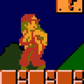 1girl ? ?_block baseball_cap breasts brown_hair brown_shoes bush cleavage genderswap genderswap_(mtf) hat large_breasts leaning_forward long_hair looking_to_the_side mario mario_(series) mountain nintendo overalls pixel_art red_eyes red_hat red_overalls saiwai_hiroshi shoes sky standing super_mario_bros._1