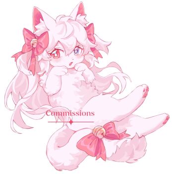animal animal_focus animal_with_hair bell blue_eyes blush bow cat commentary commission fluffy hair_bow heterochromia jingle_bell long_hair looking_at_viewer neku_boo no_humans original red_bow red_eyes simple_background solo tail tail_bell tail_bow tail_ornament watermark white_cat white_fur white_hair