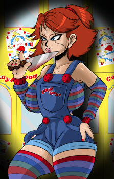 Rule 34 | 1girl, absurdres, breasts, child's play, chucky, cosplay, english text, genderswap, genderswap (mtf), green eyes, highres, holding, holding knife, holding weapon, indoors, kitchen knife, knife, large breasts, medium hair, open mouth, orange hair, red thighhighs, short twintails, solo, sonson-sensei, teeth, thighhighs, twintails, upper teeth only, watermark, weapon