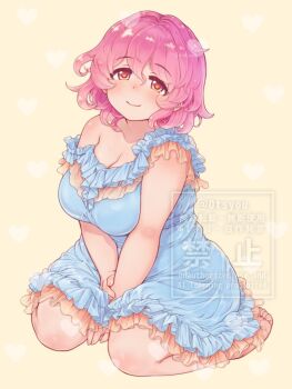 Rule 34 | 1girl, 7010, artist name, bare arms, barefoot, between legs, blue dress, blush, breasts, bright pupils, cleavage, copyright notice, curvy, dot nose, dress, frilled dress, frills, hand between legs, heart, heart background, large breasts, looking at viewer, medium dress, medium hair, orange eyes, original, pink hair, second-party source, single bare shoulder, sitting, smile, solo, tareme, thick arms, twitter username, v arms, wariza, watermark, wavy hair, wide hips, yellow background