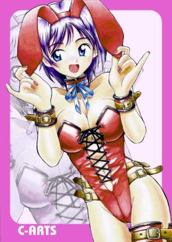 Rule 34 | 1girl, animal ear hairband, animal ears, artist name, bad id, belt, blue eyes, blue ribbon, breasts, cleavage, collar, cowboy shot, cross-laced clothes, cross-laced leotard, fake animal ears, fang, hairband, hands on animal ears, hands up, highleg, highleg leotard, large breasts, leotard, maguta, nail polish, navel, open mouth, original, playboy bunny, purple hair, rabbit ears, red collar, red hairband, red leotard, red nails, red thighhighs, ribbon, short hair, single thighhigh, smile, solo, standing, thigh belt, thigh gap, thigh strap, thighhighs, wrist belt, wristband, zoom layer