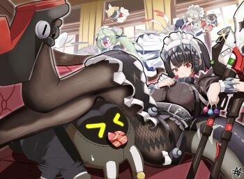 Rule 34 | 3girls, absurdres, akibakotank, alexandrina sebastiane, anastella (zenless zone zero), apron, bangboo (zenless zone zero), black dress, black hair, black pantyhose, candy, colored inner hair, commentary request, corin wickes, crossed legs, dress, drusilla (zenless zone zero), ellen joe, fins, fish tail, food, frilled wristband, green eyes, grey hair, hair between eyes, hairband, highres, holding, holding candy, holding food, holding lollipop, holding plate, holding weapon, lollipop, long hair, maid, maid apron, maid headdress, metal hairband, mole, mole under eye, multicolored hair, multiple girls, open mouth, pantyhose, plate, razor blade hair ornament, red eyes, screw hair ornament, shark girl, shark tail, spiked headband, tail, twintails, weapon, zenless zone zero