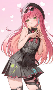 Rule 34 | 1girl, absurdres, bare shoulders, beret, black hat, black shirt, black skirt, black thighhighs, closed mouth, commentary request, eyewear on head, green eyes, green hair, hanako nana, hands up, hashtag-only commentary, hat, heart, heart o-ring, highres, long hair, looking at viewer, lunacle, multicolored hair, o-ring, o-ring thigh strap, pink hair, shirt, simple background, skirt, sleeveless, sleeveless shirt, smile, stellive, streaked hair, sunglasses, thigh strap, thighhighs, two-tone background, virtual youtuber, white background